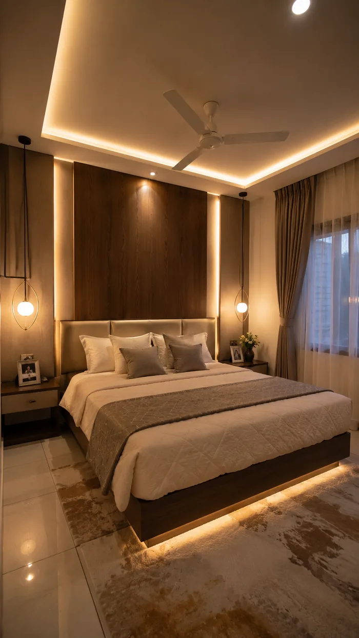 Bedroom with warm lighting