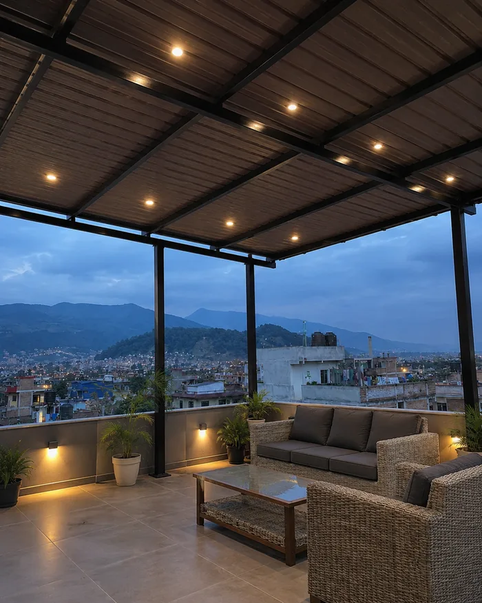 Covered terrace with city view