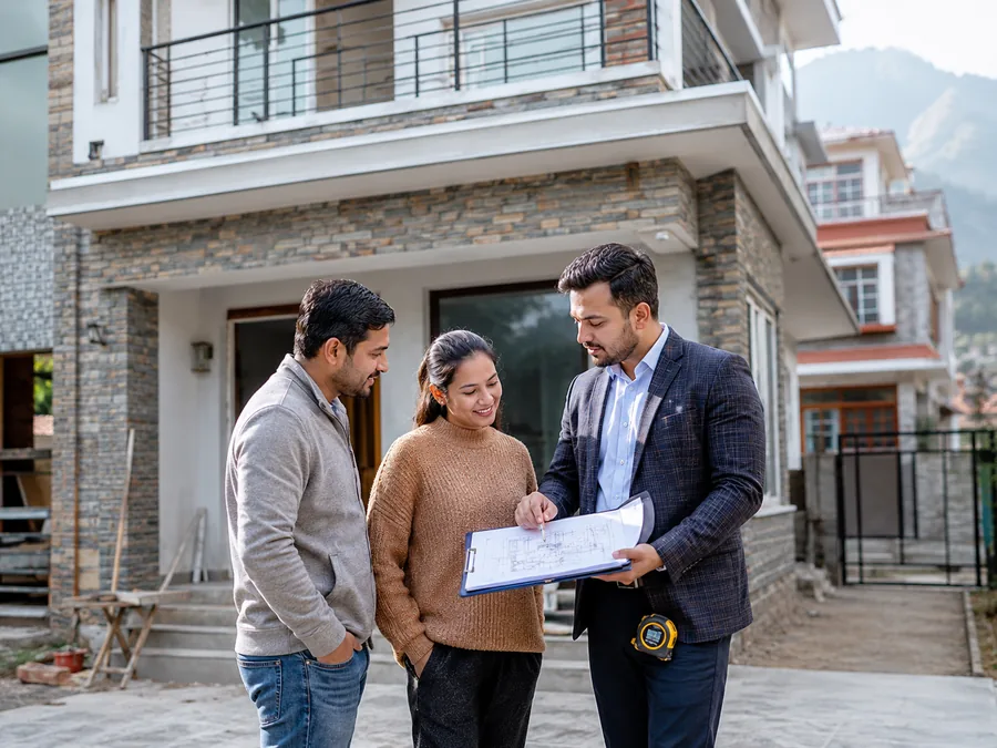 Alpha Engineering discussing house plans with customers on site